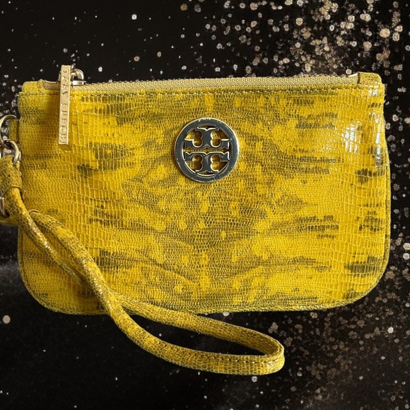 TORY BURCH NEW (lizard?)LEATHER ZIP WRISTLET BAG YELLOW CARSON Mother’s Day gift - Picture 3 of 6